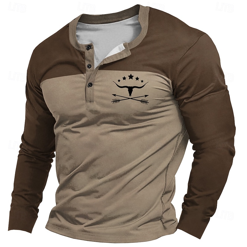 Men's Graphic Color Block Logo Bull Henley Shirt Long Sleeve T shirt 3D Print Henley Shirt Fashion Designer Comfortable Casual Daily Black Navy Blue Khaki Spring &  Fall Clothing Apparel S M L XL XXL