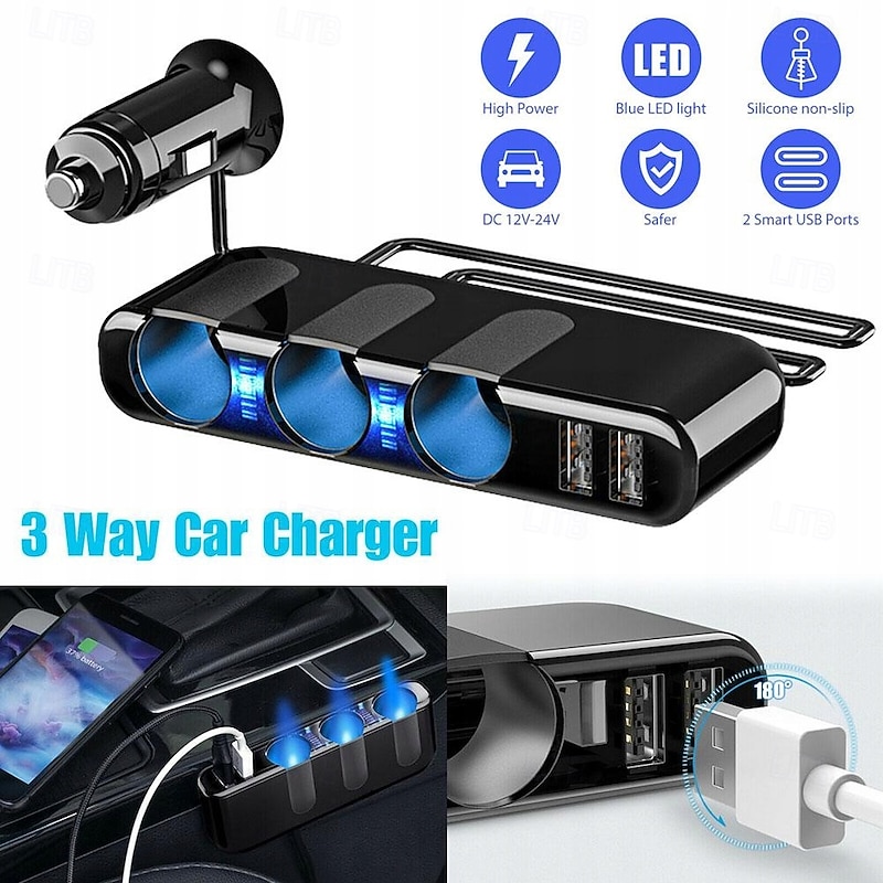 3 Way Car Cigarette Lighter Socket Splitter Dual USB Car Charger Splitter Adapter 5V 3.5A 120W Universal Cigarette Lighter Socket with LED Lights Suitable for Phones GPS DVR Charging