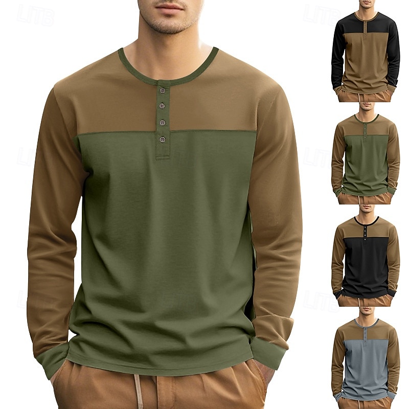 Men's T Shirt Henley Shirt Henley Top Long Sleeve Solid Color Vintage Casual Patchwork Henley Outdoor Causal Casual Spring Fall Spring &  Fall Black Green Light Blue Henley T-Shirt