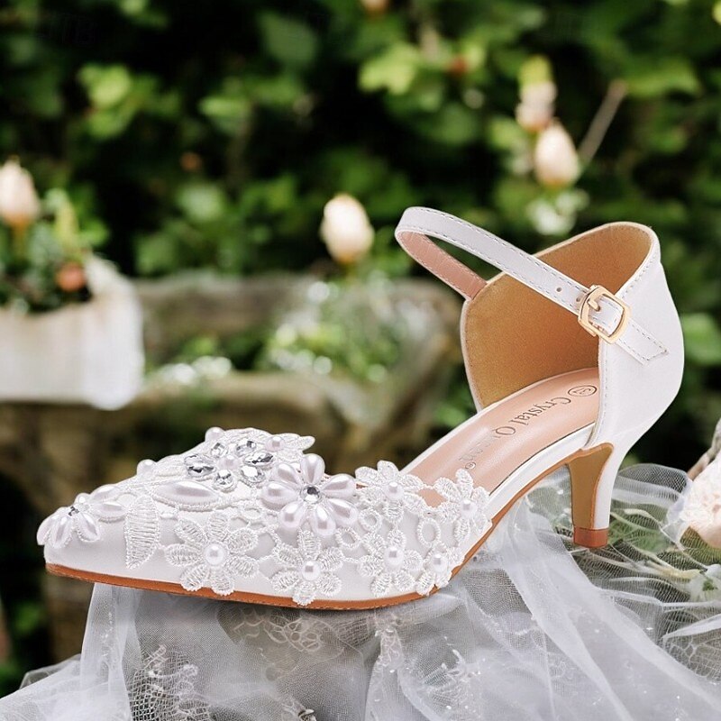 Women's White Lace Floral Embroidered Kitten Heel Shoes with Ankle Strap – Elegant Bridal Wedding Shoes4