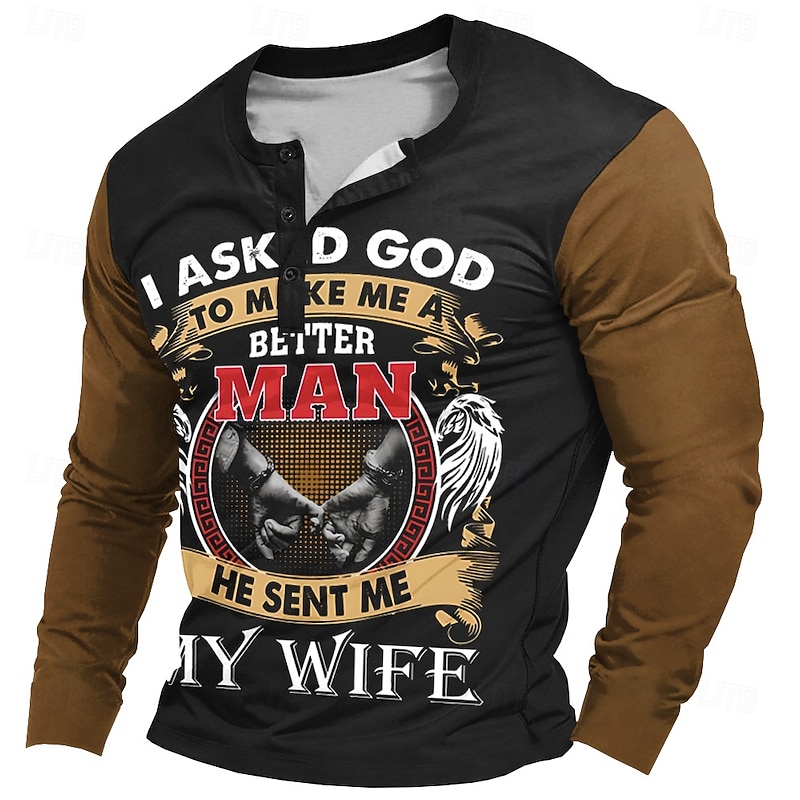 Valentine's Day Men's Graphic Hand Henley Shirt T shirt Tee Long Sleeve T shirt 3D Print Henley Shirt Fashion Designer Comfortable Casual Daily Black Navy Blue Spring &  Fall Clothing Apparel S M L