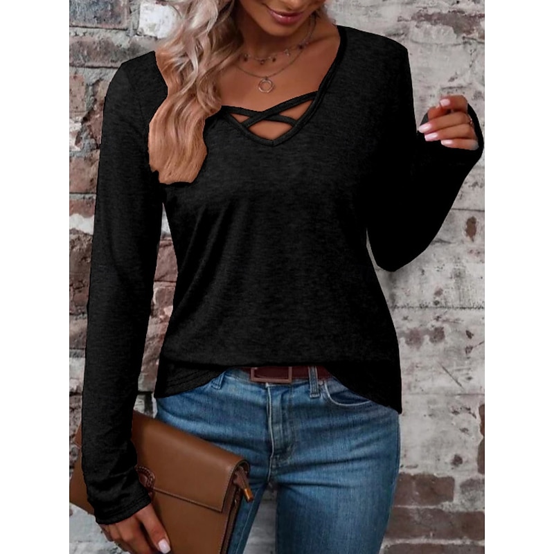 Women's T Shirt Plain Fashion Modern Casual Long Sleeve V Neck Regular Tops Daily Weekend Black Fuchsia Khaki Spring Fall