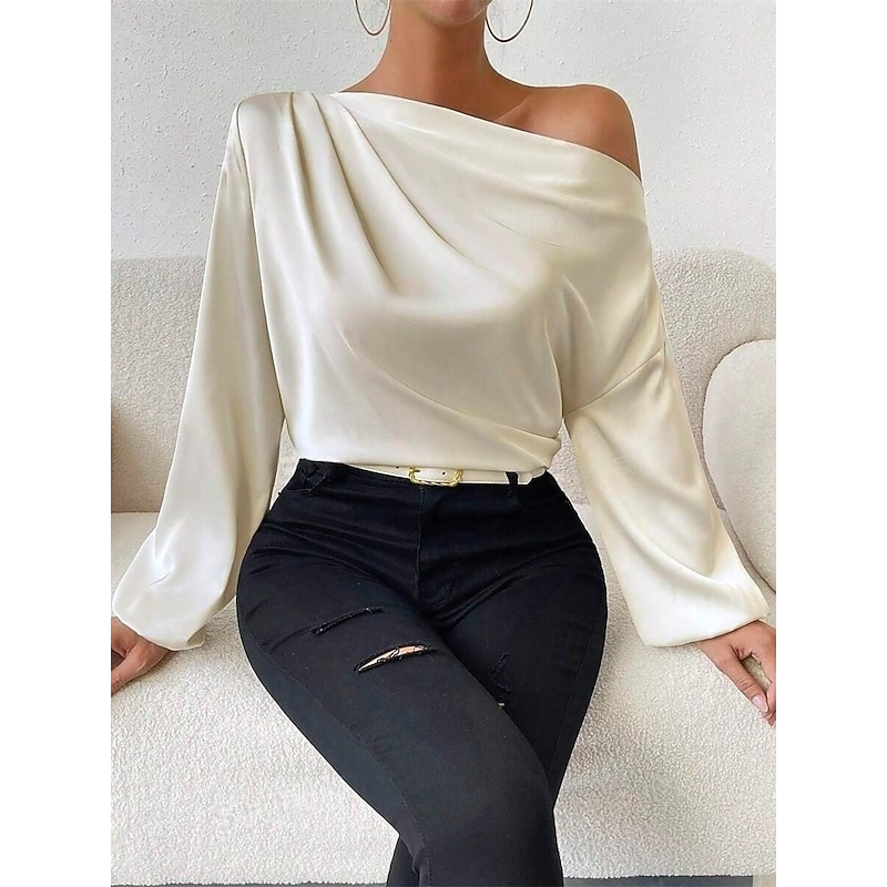 Women's Elegant Dressy Satin Blouse Solid Color Basic Casual Long Sleeve Lantern Sleeve Asymmetrical Regular Tops Work Daily Holiday Ruched Patchwork White Green Beige Spring Fall2