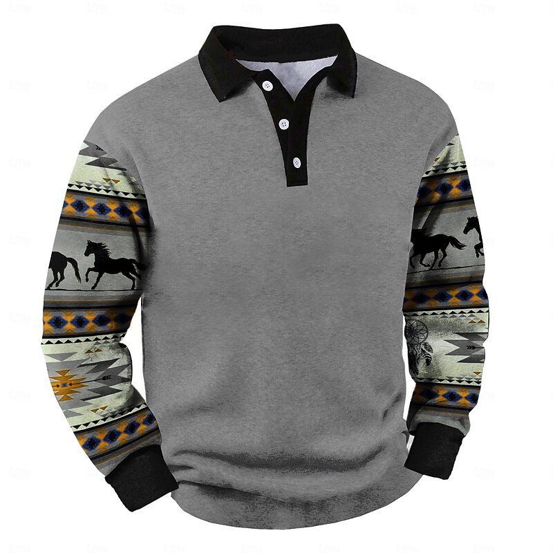 Men's Graphic Horse Flannel Polo Shirt Long Sleeve Polo Shirts Collared Shirts Casual Outdoor Dailywear Outdoor clothing 3D Print Yellow Red Gray2