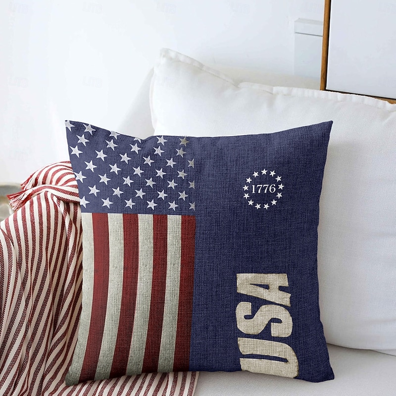 Vintage Decorative Toss Pillows Cover 1PC Independence Day American Flag National Flag Soft Square Cushion Case Pillowcase for Bedroom Livingroom Sofa Couch Chair Khaki Dark Grey Black White3
