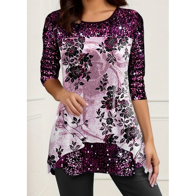 Women's Shirt Blouse Floral Casual Long Sleeve Crew Neck Regular Tops Daily Patchwork Print White Purple Spring &  Fall