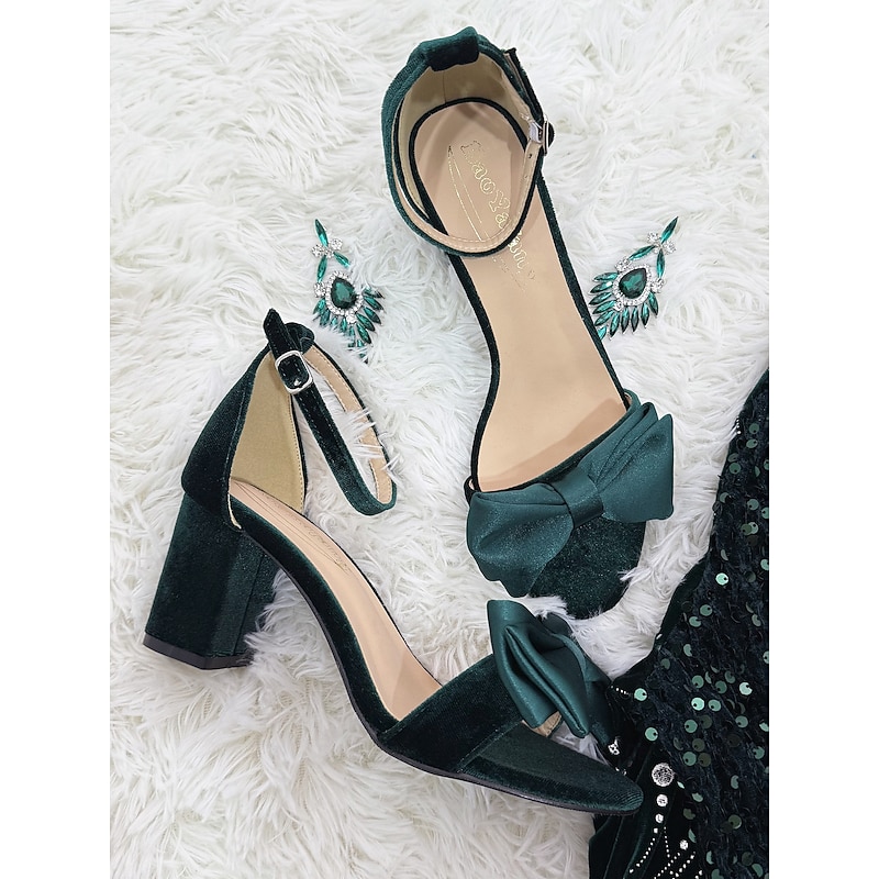 Women's Green Velvet Block Heel Sandals with Satin Bow and Ankle Strap – Perfect for Wedding, Parties or Formal Events2