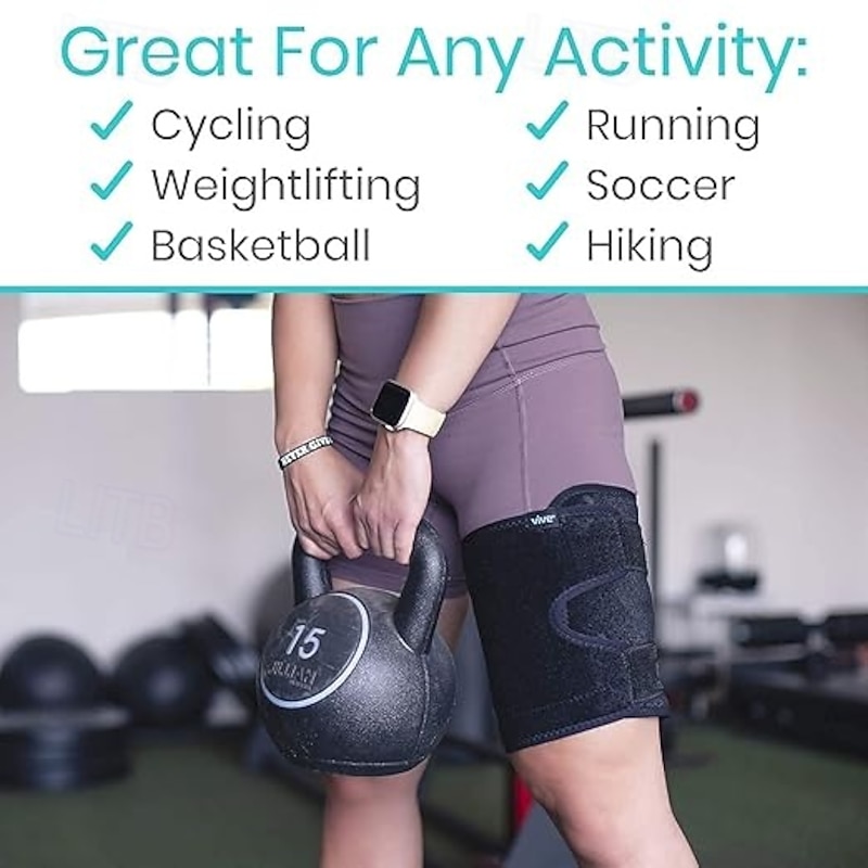 Thigh Brace - Hamstring Quad Wrap - Adjustable Compression Sleeve Support for Pulled Groin Muscle, Sprains, Quadricep, Tendinitis, Workouts, Sciatica Pain and Sports Recovery - Men, Women4