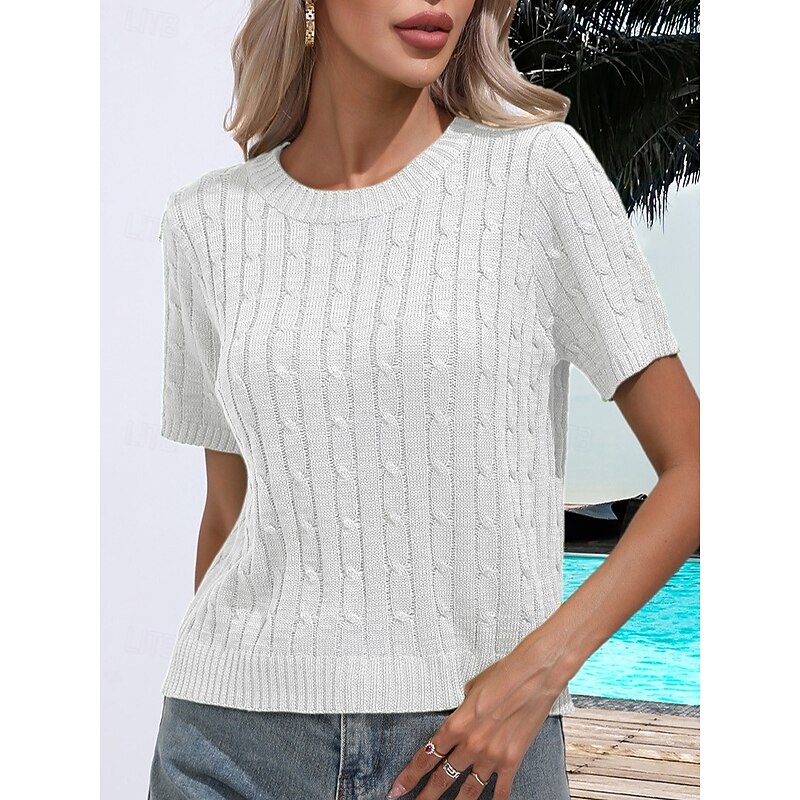 Women's Sweater Casual Soft Pure Color Ribbed Crew Neck Knitted Short Sleeves Regular Tops Knit Daily Weekend White Green Summer Spring