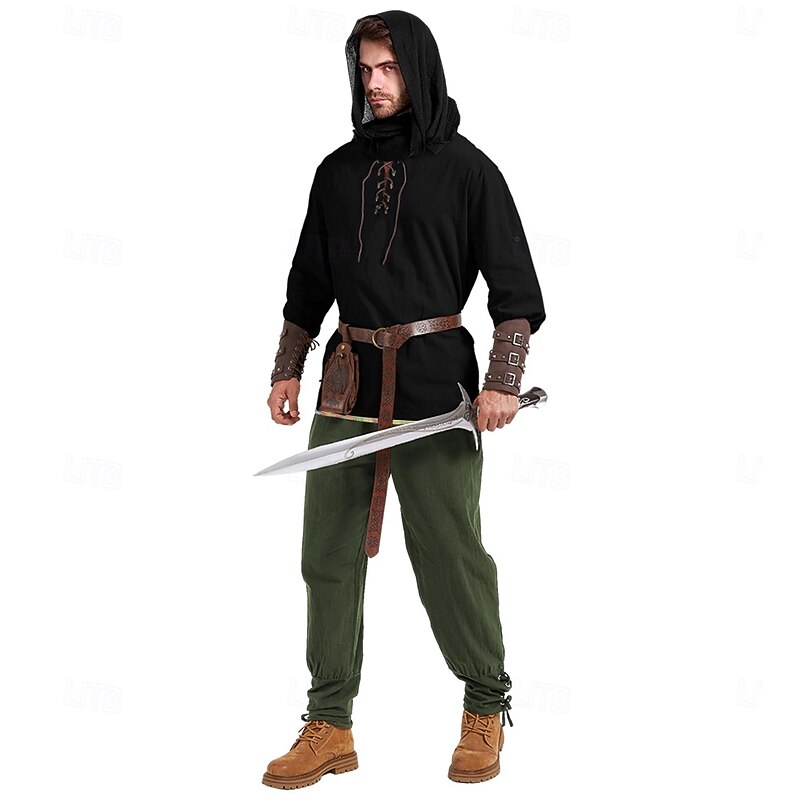 Retro Vintage Medieval Renaissance Armor Outfits Shirt Pirate Ranger Fancy Dress Men's Viking Fantasy Halloween Carnival Mardi Gras Performance Party LARP Adults' Shirt Pants Shawl3