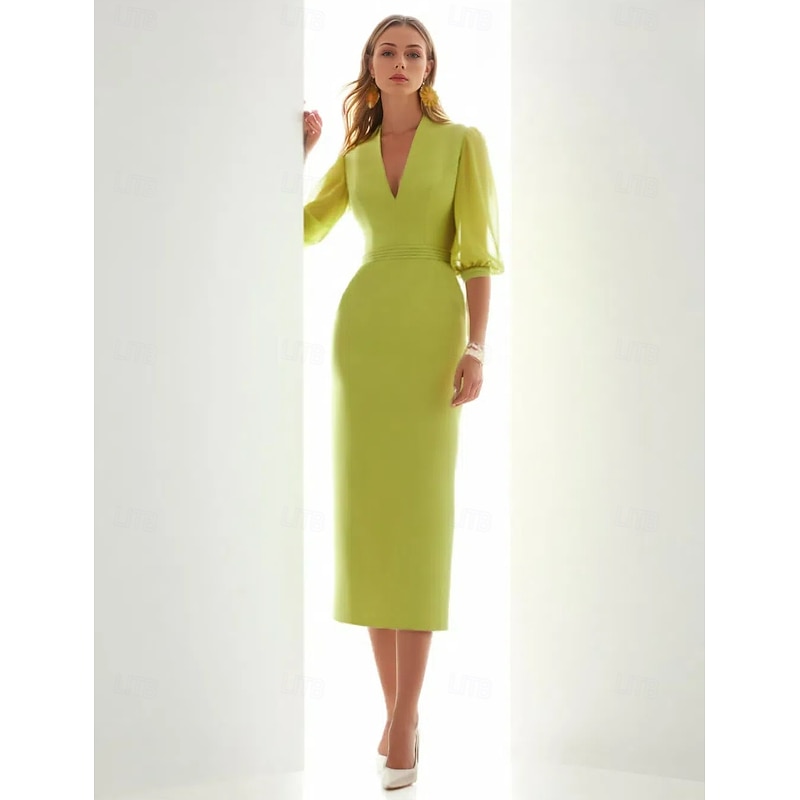 Sheath / Column Cocktail Dresses Beach Wedding Elegant Dress Formal Ankle Length Half Sleeve V Neck Pocket Chiffon with Ruched Dresses