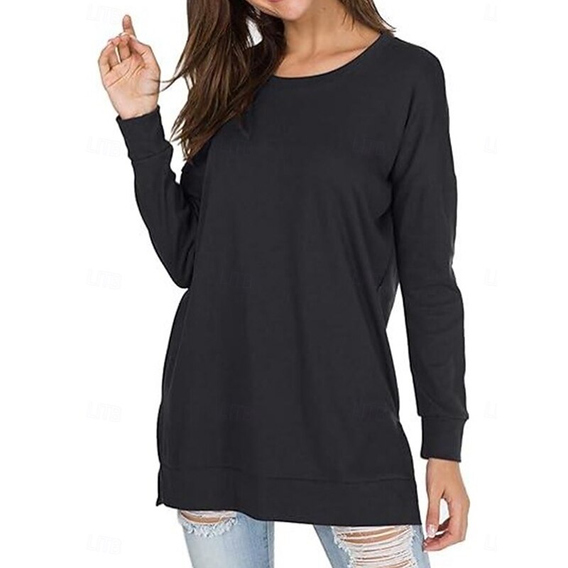 Women's T Shirt Solid Color Daily Casual Long Sleeve Crew Neck Regular Tops Work Daily Patchwork Black White Blue Spring &  Fall2