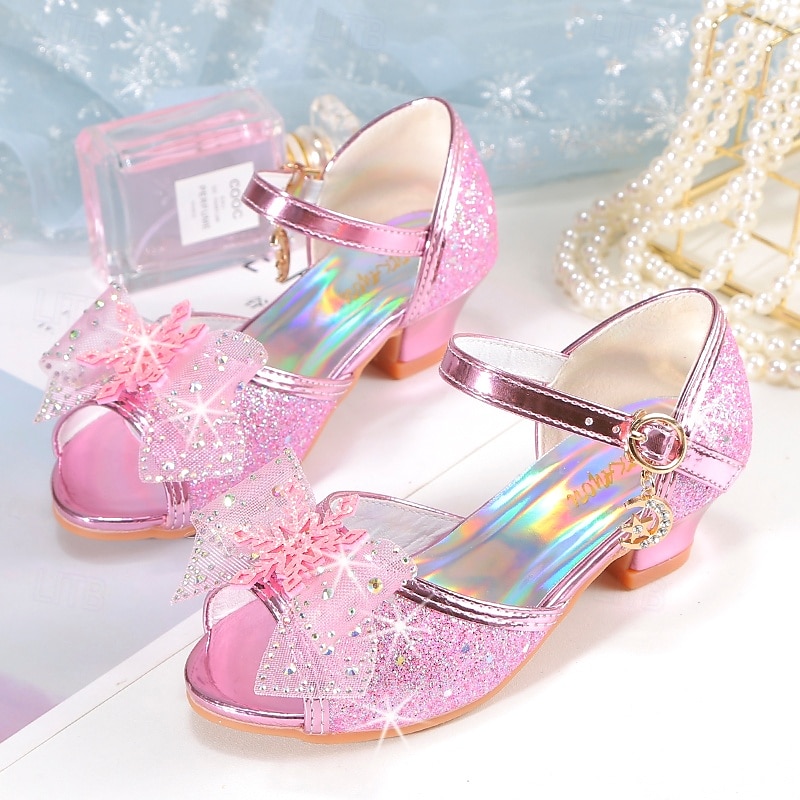 Girls' Pink Glitter Party Shoes – Peep-Toe Design, Bow and Rhinestone Decoration, Adjustable Strap, Perfect for Weddings and Special Occasions3