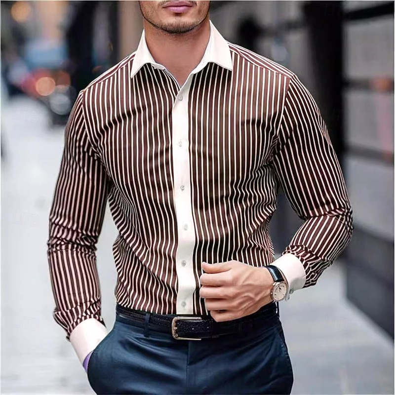 Men's Summer Shirt Casual Shirt Beach Shirt Collared Shirt Button Up Shirt Striped Shirts Black Blue Purple Brown Green Long Sleeve Stripe Lapel Vacation Holiday Button-Down Clothing Apparel Polyester