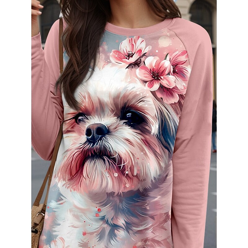 Valentine Women's Funny T Shirt Casual Floral Dog Long Tops Long Sleeve Crew Neck Print Regular Fit Daily Pink Fall Winter3