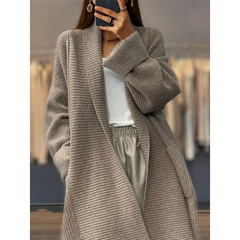Women's Sweater Cardigan Casual Soft Pure Color Ribbed Open Front Pocket Knitted Long Sleeve Long Tops Knit Outdoor Daily Weekend Khaki Beige Fall Winter2