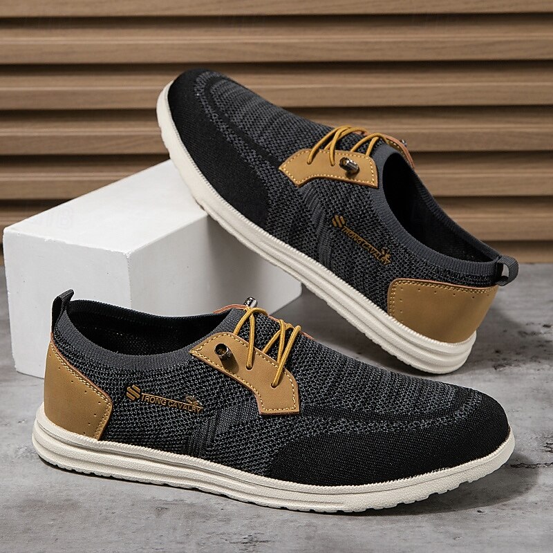 Men's Grey Knit Sport Shoes with Leather Accents and Lace-Up Design – Comfortable Casual & Outdoor Footwear 17