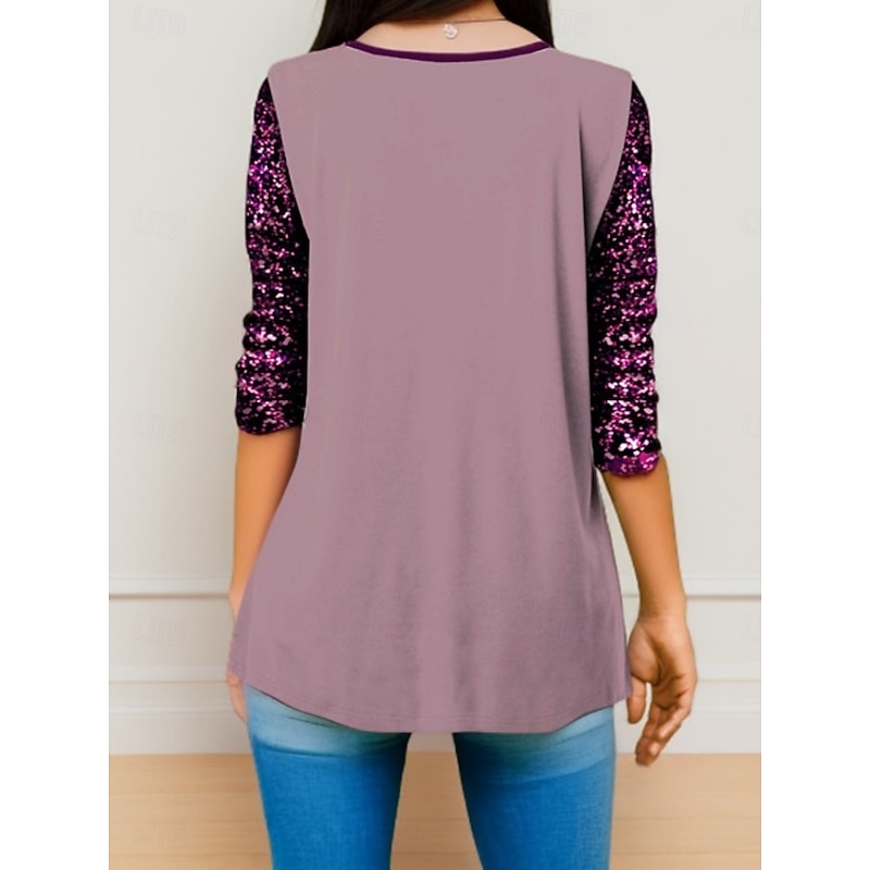 Women's Shirt Blouse Floral Casual Long Sleeve Crew Neck Regular Tops Daily Patchwork Print White Purple Spring &  Fall2
