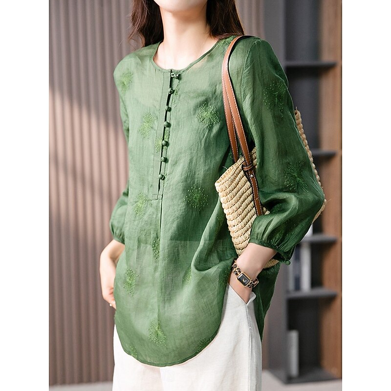 Women's Shirt Linen-Inspired Shirts Button Up Blouse Solid Color Basic Casual Long Sleeve V Neck Regular Tops Daily Buttons Green Summer Spring Fall