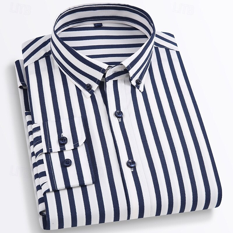 Men's Dress Shirt Striped Shirt Wrinkle Resistant Stretch Wedding Outdoor Light Blue Black Yellow Navy Blue Long Sleeve Collar Summer Spring Clothing Apparel