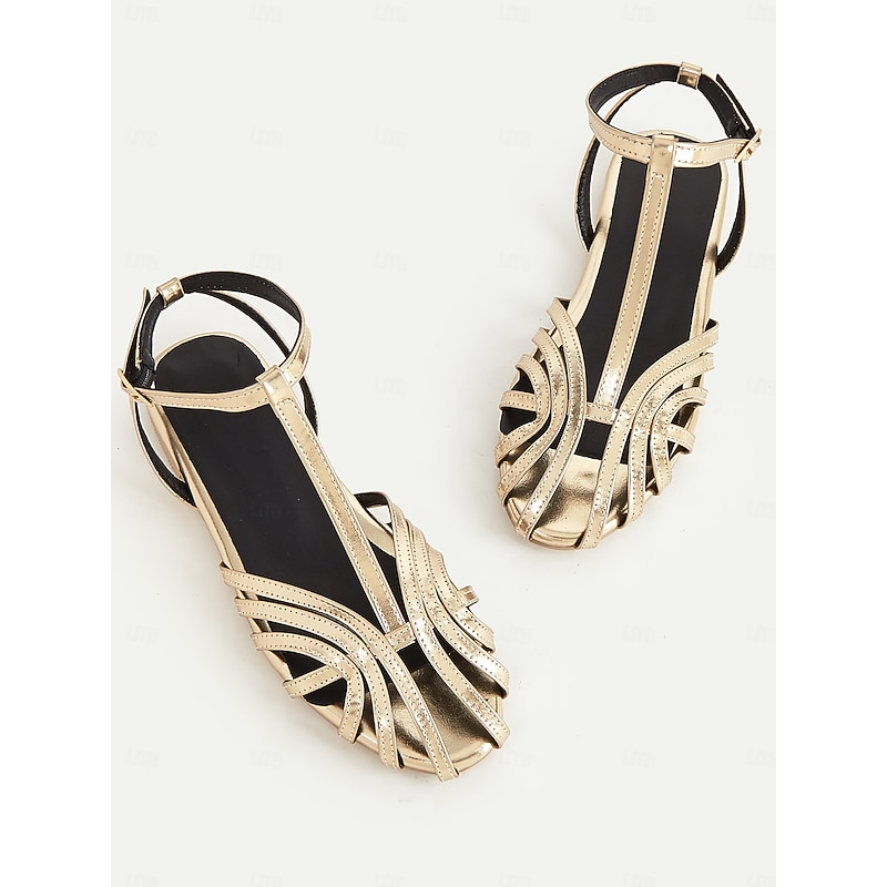 Women's Gold Strappy Flat Sandals with Ankle Strap, Elegant Summer Shoes for Weddings, Parties, and Casual Wear