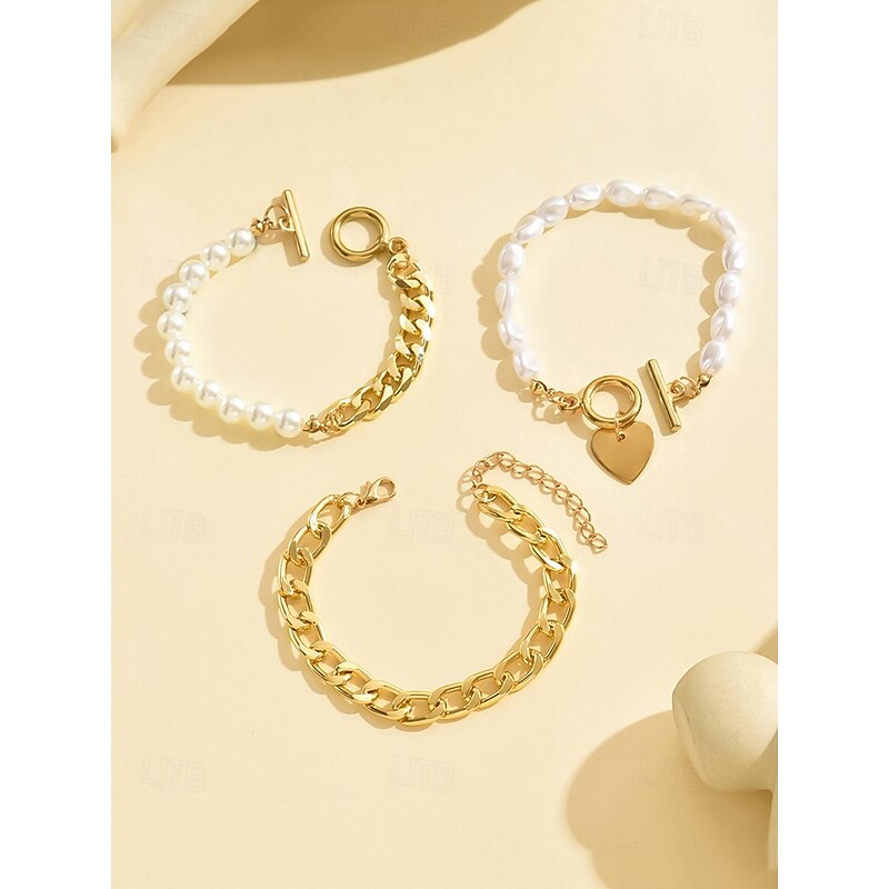 Gold Chain Bracelet Set with Heart Pendant and Faux Pearl Accents – Elegant Jewelry for Women, Perfect for Parties, Weddings, and Everyday Wear3