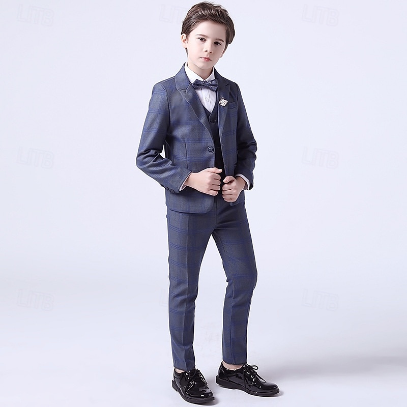 4 Pieces Ring Bearer Suit Boys Kids Suit Formal Suit Blazer & Vest & Pants & Tie Formal Set Formal Party Fashion Cool Plaid Pocket Blue Cotton4