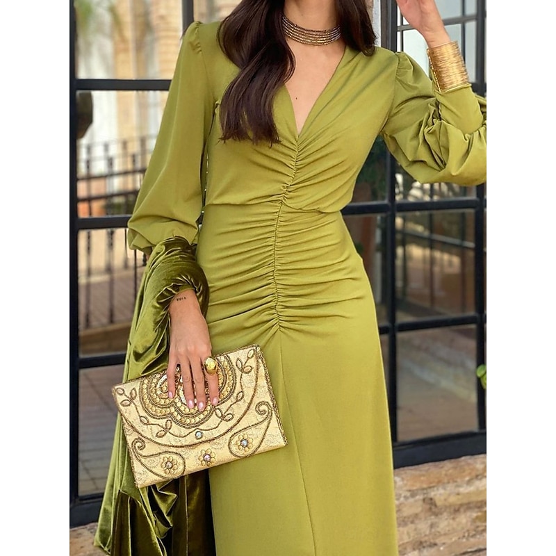 Women's Maxi Dress Bodycon Emerald Green Dress Elegant Wedding Guest Date Regular Fit Plain Long Sleeve V Neck Green Summer Spring3