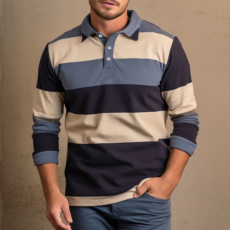 Men's Stripes Rugby Polo Cable Knit Polo Long Sleeve Polo Shirts Collared Shirts Casual Outdoor Athleisure 3D Print Spring Fall Blue