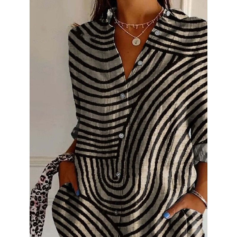 Women's Shirt Cotton Linen Shirts Button Up Blouse Floral Geometric Basic Casual Long Sleeve Shirt Collar Regular Tops Daily Buttons Print White Army Green Red Khaki Gray Fall Winter2