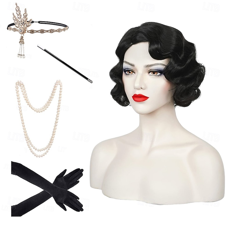 Wave Wig Women Black 1920s Vintage Flapper Wig Lady Rockabilly Short Curly Wig Carnival Party Cosplay Costume Synthetic Hair With Accessories Set Halloween Wigs