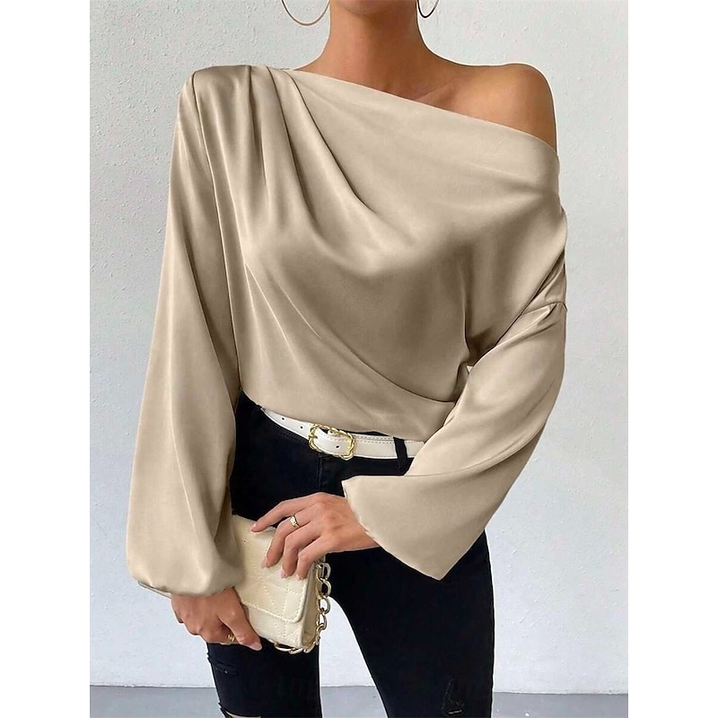 Women's Elegant Dressy Satin Blouse Solid Color Basic Casual Long Sleeve Lantern Sleeve Asymmetrical Regular Tops Work Daily Holiday Ruched Patchwork White Green Beige Spring Fall3