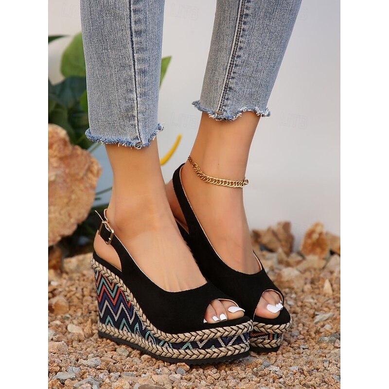 Women's Peep-Toe Slingback Wedge Sandals with Colorful Zigzag Espadrille Sole - Boho Summer Shoes for Casual and Beachwear