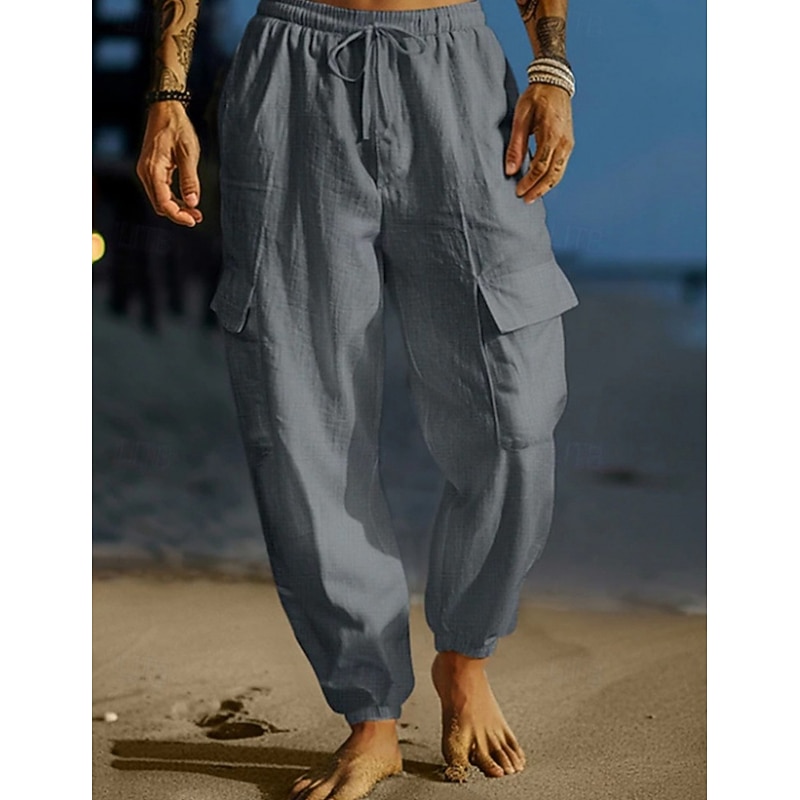Men's Cargo Trousers Linen Pants Summer Pants Beach Pants Drawstring Elastic Waist Multi Pocket Plain Comfort Breathable Full Length Outdoor Daily Holiday Vacation Fashion Black White3