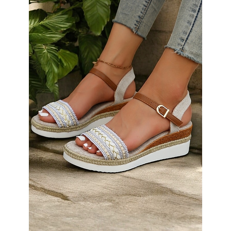 Women's Boho Platform Sandals with Braided Straps and Rhinestone Accents - Comfortable Summer Wedge Shoes for Casual Outings3