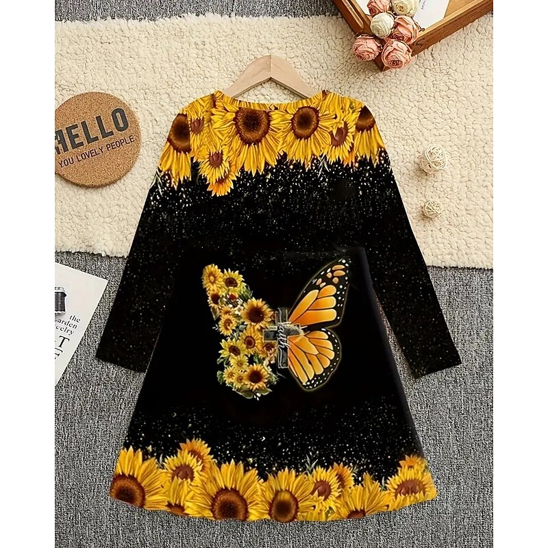Easter Girls' 3D Graphic Butterfly Sunflower Dress Long Sleeve Summer Spring Vacation Daily Holiday Princess Beautiful Sweet Kids 4-12 Years Casual Dress A Line Dress Knee-length Regular Fit3