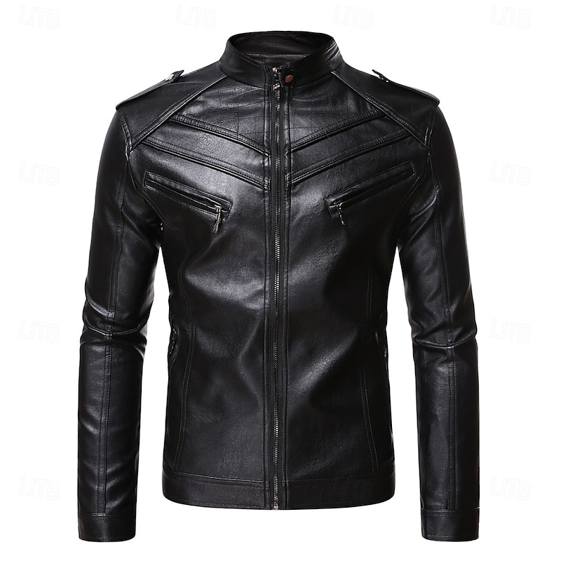 Men's Faux Leather Jacket Transition Jacket Casual Jacket Biker Jacket Casual Thermal Warm Rain Waterproof Faux Fur Trim Fall Pure Color Casual Stand Collar Regular Regular Faux Leather Regular Fit3