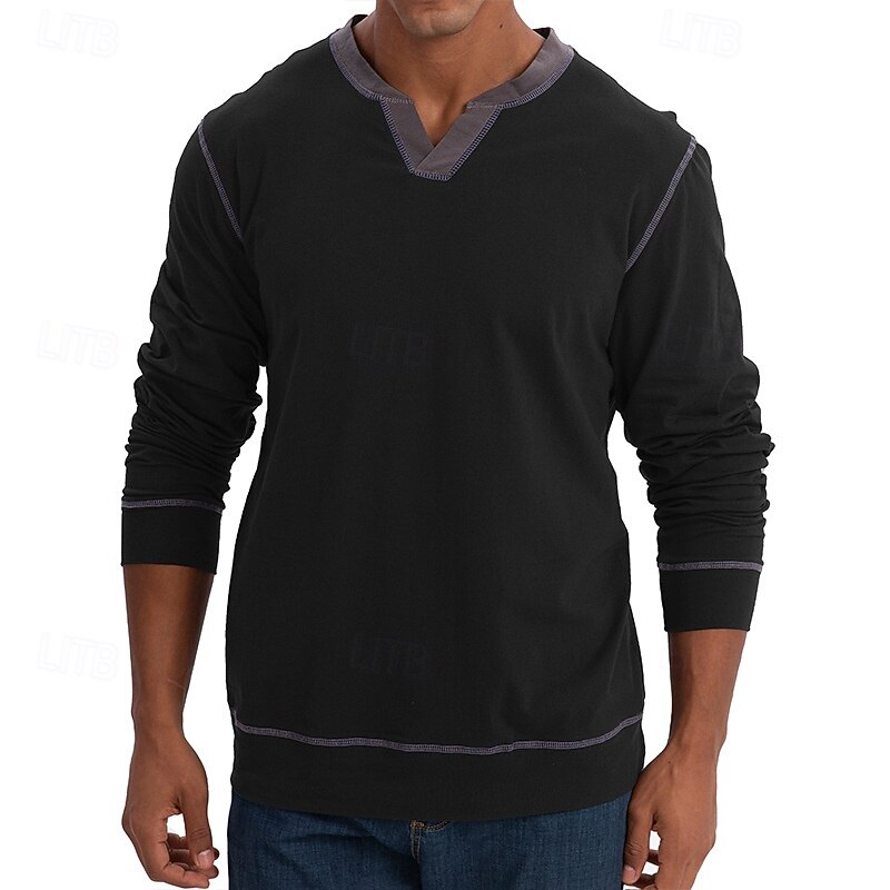 Men's T Shirt Tee Tee Top Long Sleeve Shirt Long Sleeve V Neck Spring &  Fall Patchwork Fashion Designer Basic Patchwork Vacation Street Going out Black Wine Royal Blue Top Tee for Men2