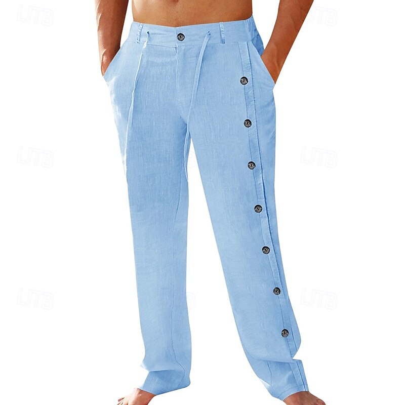 Men's Linen Pants Trousers Summer Pants Beach Pants Drawstring Side Button Straight Leg Plain Comfort Breathable Full Length Outdoor Daily Holiday Fashion Classic Style Black White3