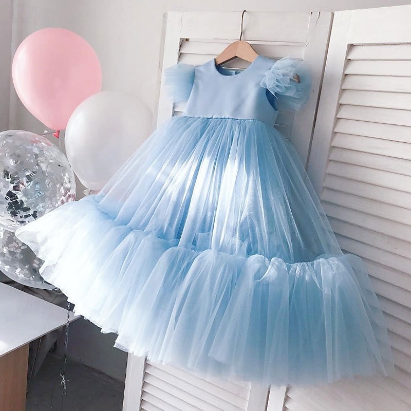 Flower Girl Dress Kid's Girls' Princess Dress Performance Wedding Party Elegant Beautiful Mesh Solid Color Sleeveless Crew Neck Blue Rose Red 4 years+