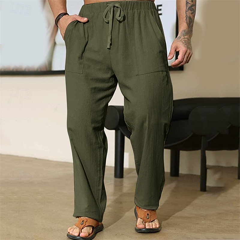 Men's Linen Pants Trousers Summer Pants Drawstring Elastic Waist Straight Leg Plain Comfort Breathable Full Length Home Casual Daily Fashion Classic Style Black White