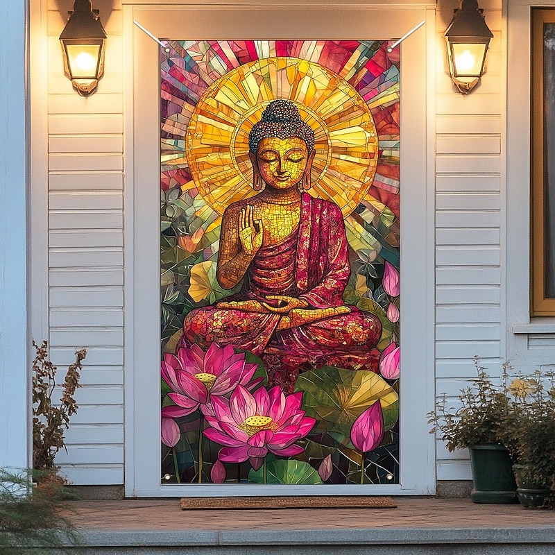 Stained Glass Effect Door Decorations Door Covers Buddha Boho Door Tapestry Door Curtain Decoration Backdrop Indoor/Outdoor Door Banner for Front Door Farmhouse3