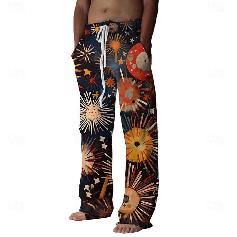 Men's Floral Painting Pants Trousers Mid Waist Drawstring Elastic Waist Hawaiian Casual Outdoor Vacation Party Evening Wear Straight Leg Trousers Summer Spring Fall 3D Print Dark Blue2