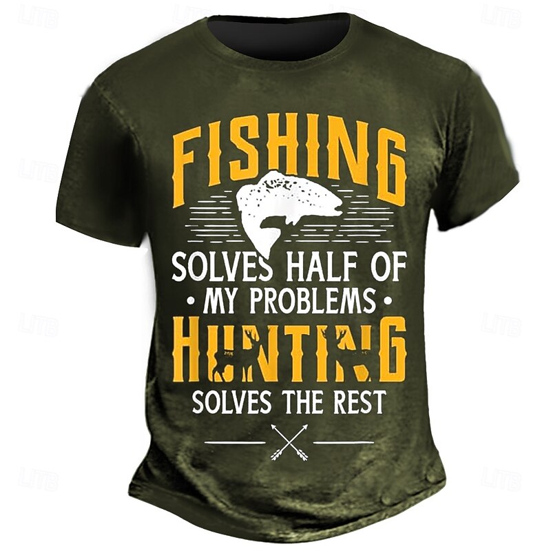 Men's Graphic Short Sleeve T-Shirt: Fishing Solves Half My Problems, Hunting Solves The Rest - Funny Outdoor Hobby