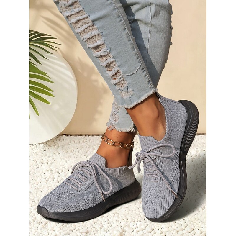 Women's Gray Lightweight Knit Lace-Up Sneakers – Breathable Athletic Shoes for Running, Walking and Everyday Comfort
