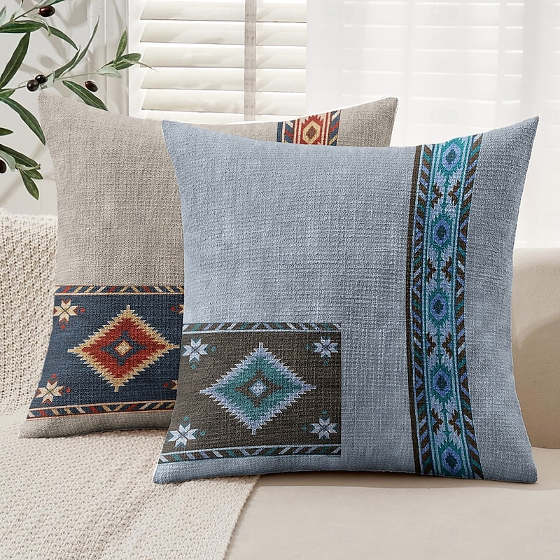 Vintage Ethnic Decorative Toss Pillows Cover 1PC Soft Square Cushion Case Pillowcase for Bedroom Livingroom Sofa Couch Chair Grey Blue3