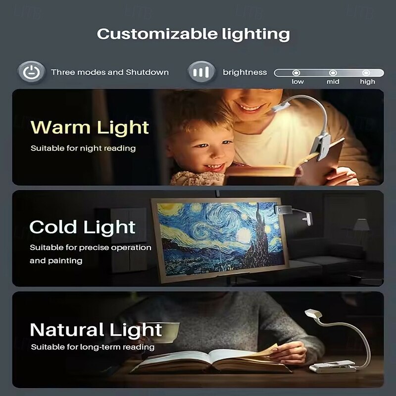 Rechargeable Aluminum Reading Light - 3 Colors, 3 Brightness Levels, Clip-On Mini Book Light, Anti-Blue Light, Flexible Bendable Design for Bedside, Study, and Nighttime Reading3