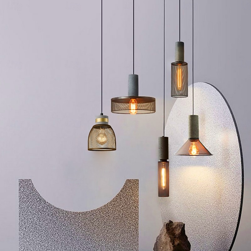 Concrete Pendant Light Metal Mesh Shade Modern Industrial Hanging Cement Pendant Lighting Fixture 110-240V