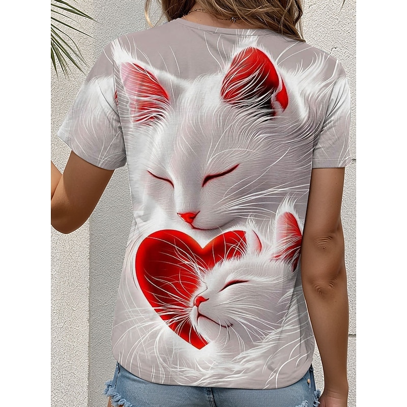 Valentine Women's Heart T Shirt Cute Regular Tops Short Sleeve Round Neck Print Regular Fit Daily Red Summer2