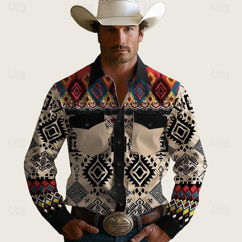 Men's Tribal Southwestern Print Western Shirt Cowboy Shirt Long Sleeve Western Style Tribal Outdoor Summer Spring Fall Shirt Collar Black Brown Khaki3